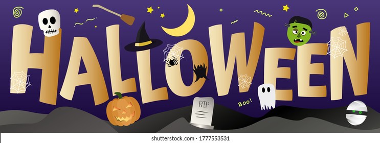 Fondo de banner de vector púrpura de Halloween con caracteres espeluznantes