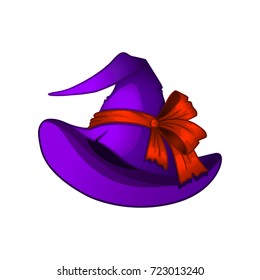 Halloween purple wide-brimmed hat with orange bow. Witch, magician, astronomer hat. Vector illustration on a white background.