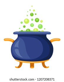 Halloween purple witch cauldron with bubbling green goo. Design element for cosplay. Flat vector illustration isolated on white background.