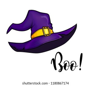 Halloween purple witch's hat. Sketch hand drawn illustration. Halloween night.