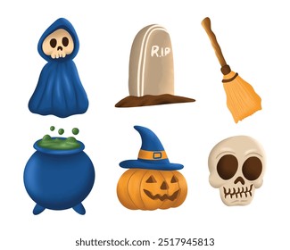 Halloween Puumpkin,Skull,Ghost and Broom Elements Set
