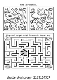 Halloween puzzle page with 2 visual puzzles or picture riddles. Maze, or labyrinth, find differences. Bats and candy. Black and white. Letter sized.
