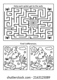 Halloween puzzle page with 2 visual puzzles or picture riddles. Maze, or labyrinth, find differences. Spiders, web, witch's hat. Black and white. Letter sized.
