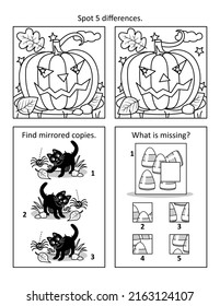 Halloween puzzle page with 3 visual puzzles or picture riddles. Find differences, mirrored copies, missing fragment. Pumpkin, black cats, candy corn. Black and white. Letter sized.
