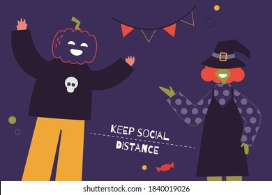 Halloween quarantine, safe party concept, social distance. People dressed as pumpkins and witches. Modern flat style, postcard, banner, design element, picture