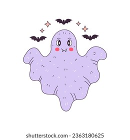 Halloween peculiar ilustración vectorial del carácter fantasma. Famoso fantasma cómico con murciélagos y estrellas voladores. Impresión infantil de Halloween, tarjeta de saludo, diseño de afiches.