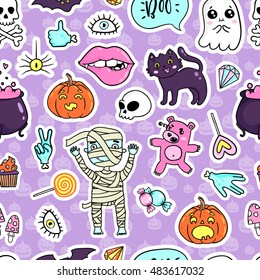 Halloween quirky kawaii cartoon doodle pattern with cute characters and elements. Vector illustration. Seamless pattern of stickers, pins, patches in cartoon comic 80s-90s style. Vector illustration