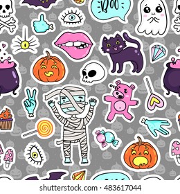 Halloween quirky kawaii cartoon doodle pattern with cute characters and elements. Vector illustration. Seamless pattern of stickers, pins, patches in cartoon comic 80s-90s style. Vector illustration