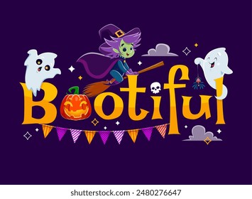 Cita de Halloween, Bootiful con bruja linda divertida y fantasmas de libros para vacaciones, Vector de dibujos animados. Calabaza y cráneo aterradores con fantasmas divertidos, araña en telaraña y bruja volando en la escoba para la cita de Halloween