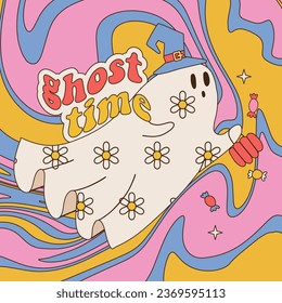 Halloween Quote Ghost time card with Hippie Halloween, Witchy Ghost in witch hat, looking for candies. White sheet spook with flower ornament. Contour vector illustration.