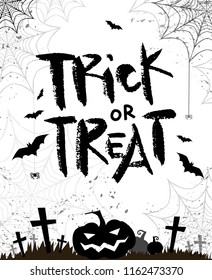 Halloween quote. trick or treat. background with pumpkin, bats, grave, tombstone