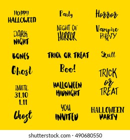Halloween quotes isolated on yellow background. Typography artworks for holiday design. Vector inspirational illustration
