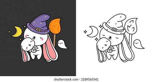Halloween Rabbit Clipart Multicolored and Black and White. Beautiful Clip Art Halloween Bunny. Cute Vector Illustration of Halloween Kawaii Hare in Witch Costume.
