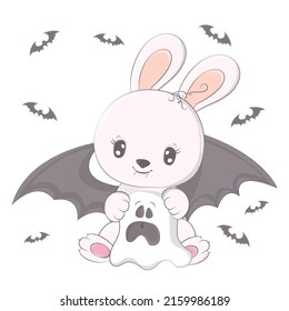 Halloween rabbit and ghost  Vector illustration Halloween animal  Cute little illustration Halloween bunny for kids  fairy tales  covers  baby shower  textile t  shirt  baby book 