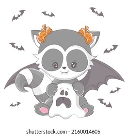 Halloween raccoon with a ghost. Vector illustration of Halloween animal. Cute little illustration Halloween raccoon for kids, fairy tales, covers, baby shower, textile t-shirt, baby book.