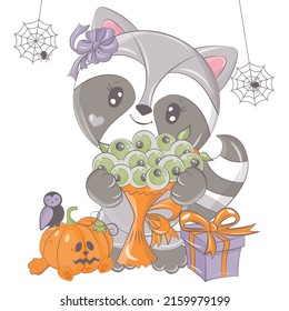 Halloween raccoon illustration with pumpkin. Vector illustration of Halloween animal. Cute little illustration Halloween raccoon for kids, fairy tales, covers, baby shower, textile t-shirt, baby book.