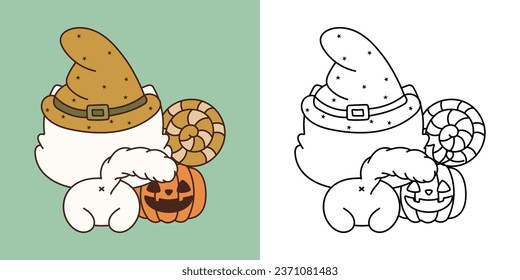 Halloween Ragdoll Cat Multicolored and Black and White. Beautiful Clip Art Halloween Kitty. Cute Vector Illustration of Halloween Kawaii Pet in Witch Costume. 