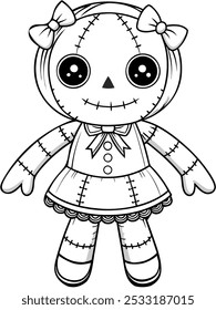 Halloween ragdoll with cute bows, perfect for childrens spooky coloring pages