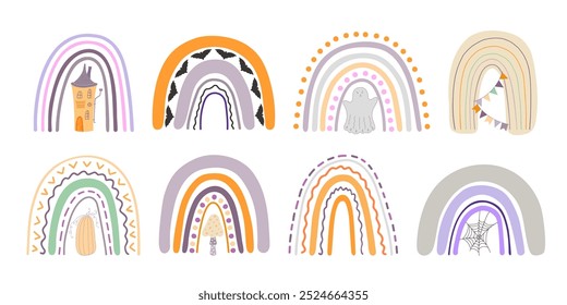 Halloween rainbow abstract shape, simple hand drawn silhouette illustration in trendy pastel colors, minimalist concept perfect for celebration decor, cards, banners, posters, textile, papercraft