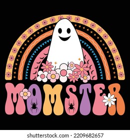 Halloween Rainbow Momster T Shirt, Happy Halloween Ghost Shirt, Halloween Flower, Ghost, Spider Shirt, Halloween Momster Shirt Print Template