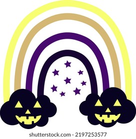 Halloween rainbow with scary cloud. Cute hand drawn icon for celebrating spooky night.  Background Vector Illustration. Halloween color. Design for poster, card or banner.