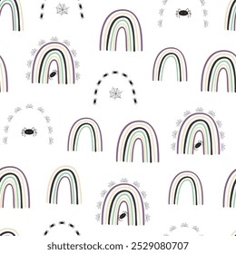 Halloween rainbow seamless pattern, simple hand drawn repeat illustration in trendy pastel colors, minimalist concept perfect for textile, celebration decor, cards, gift paper, papercraft