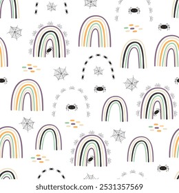 Halloween rainbow seamless pattern, simple hand drawn repeat illustration in trendy pastel colors, minimalist concept perfect for textile, celebration decor, cards, gift paper, papercraft