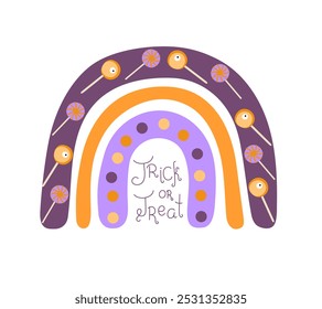 Halloween rainbow Trick or Treat candies, simple hand drawn silhouette illustration in trendy traditional colors, minimalist concept perfect for celebration decor, cards, banners, posters, papercraft