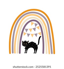 Gato negro del arco iris y de la bruja de Halloween, ilustración simple de la silueta dibujada a mano en colores pastel de moda, concepto minimalista perfecto para la decoración de la celebración, tarjetas, Anuncios, carteles, materia textil, papercraft