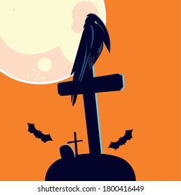 Halloween raven cartoon on grave design, Holiday and scary theme Vector illustration