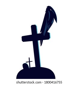 Halloween raven cartoon on grave design, Holiday and scary theme Vector illustration