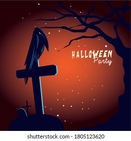 Halloween raven cartoon on grave and tree design, Holiday and scary theme Vector illustration