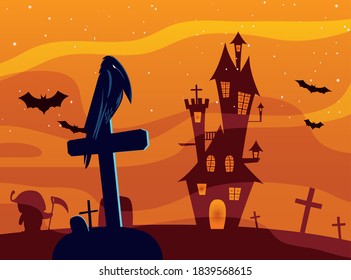 Halloween raven cartoon on grave in front of castle design, Holiday and scary theme Vector illustration
