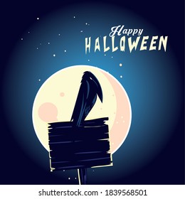 Halloween raven cartoon on wood banner design, Holiday and scary theme Vector illustration