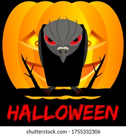 Halloween with raven and pumpkin on black background. Spooky and scary vector illustration.