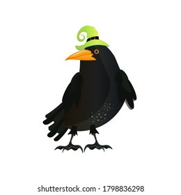 Halloween raven wearing green witch hat isolated on white background. Vector illustration.