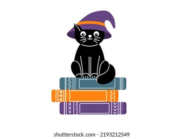 Halloween reading. Black cat in witch hat on stack of books. 