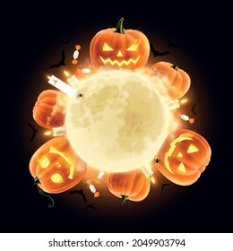 Halloween realistic composition with bright full moon surrounded with scary jack o lanterns sweets candles bats spider webs on black background vector illustration