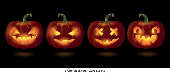 Halloween realistic composition with collection of festive pumpkins with cutout illuminated from inside on black background vector illustration