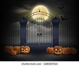 Halloween realistic composition with laughing pumpkin scattered near old cemetery gates at moon night background vector illustration 