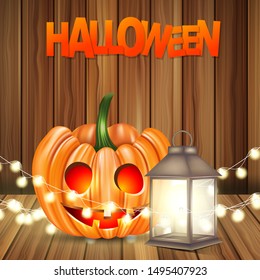 Halloween realistic design. Pumpkin on a wooden board with lantern lamp and lights garland. Vector illustration.