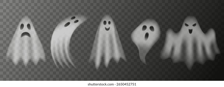 Halloween realista fantasma vetor conjunto espantoso espíritos transparentes e fantasmas flutuantes para design e decoração