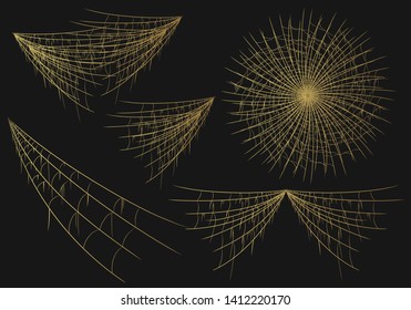 Halloween realistic golden spiderweb corners, borders, gold web frame. Vector isolated spooky background for october night party decoration.