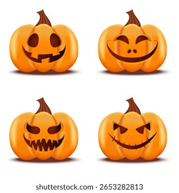 Abóbora realista de Halloween com rostos assustadores definidos. Ilustração maligna e assustadora isolada em branco. Enganar ou tratar o elemento de design da parte.