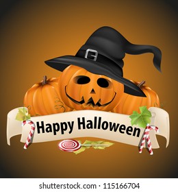 Halloween realistic pumpkins with witch hat and banner surrounded by candy and pumpkin leaves. Has black and orange background.