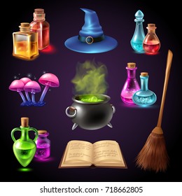 Halloween realistic set with various objects for witches isolated on black background vector illustration