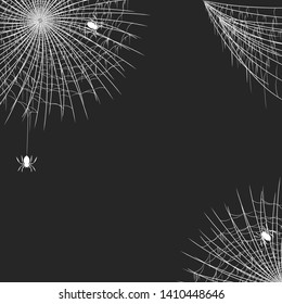 Halloween realistic spiderweb corner frame with hanging spiders. Vector isolated spooky background for october night party decoration and invitation.