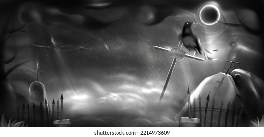 Halloween realistic vector with mystical moonlight on dark sky, rain and mist. Scary night cemetery with black crow on old crosses. Ancient graveyard with gravestone, creepy tombstones in fog.