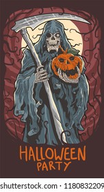 Halloween reaper holding pumpkin, vector poster with layers that are easy to edit