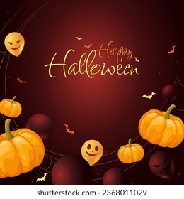 Fondo rojo de Halloween con signos, calabazas y globos con caras